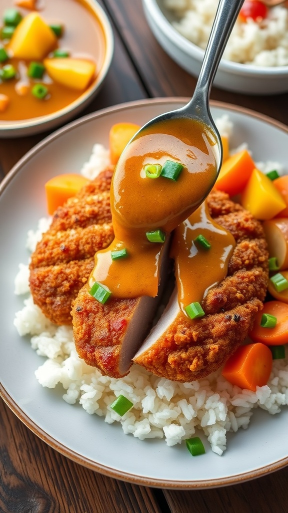 Crispy pork katsu on rice with curry sauce, garnished with green onions on a wooden table.